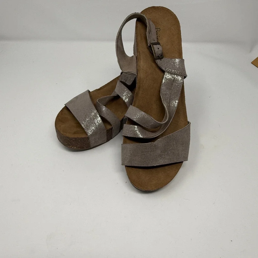 Bjorn Dahl Taupe Wedge Sandals Slingback Cork Platform Strappy Size 7‎